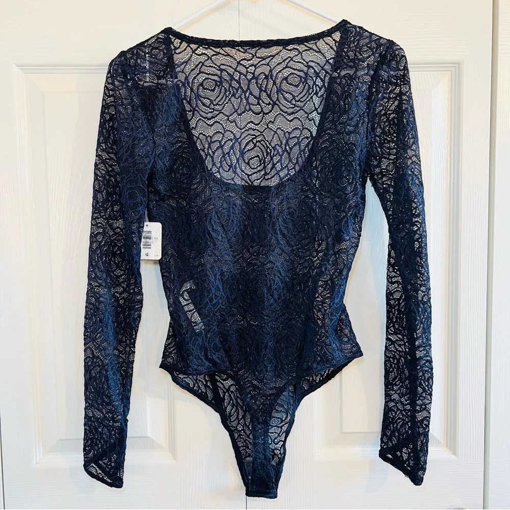 FREE PEOPLE In My Head Sheer Lace Bodysuit In Navy - XS - NWT